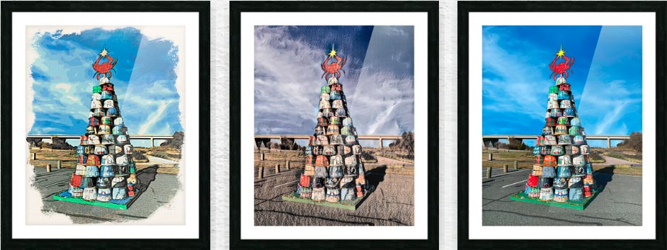 three variations of the same crab basket holiday tree