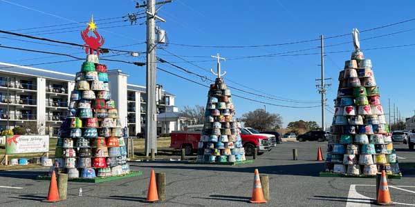 three crab basket christmas trees near the Waterman's Memorial