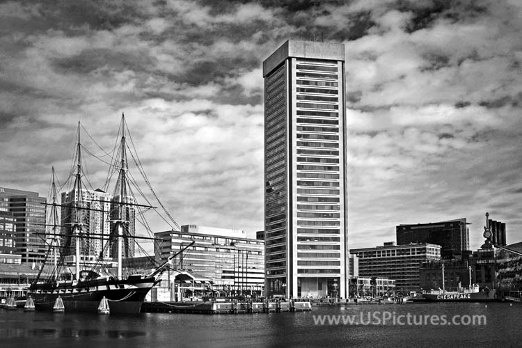 Baltimore World trade Center and USS Constellation in Black and White